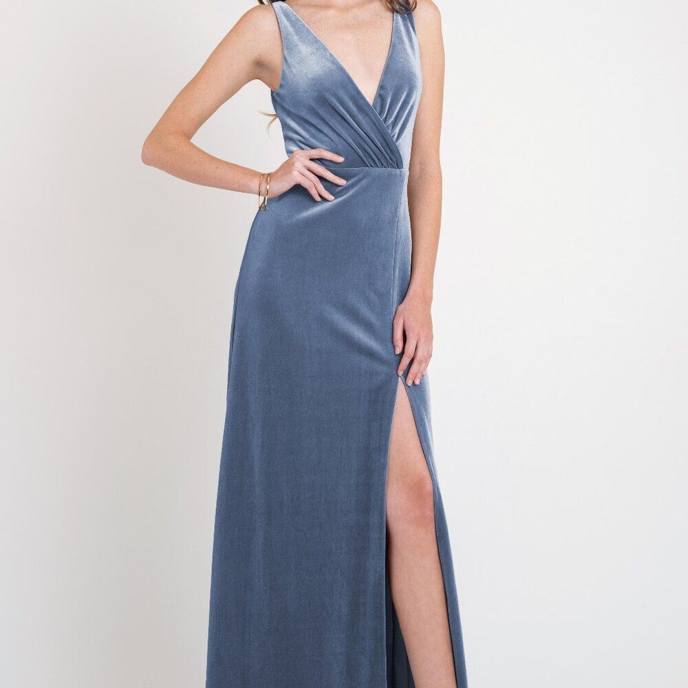 Jenny Yoo Devon Long Stretch Velvet Bridesmaid Gown V-neck with slit.